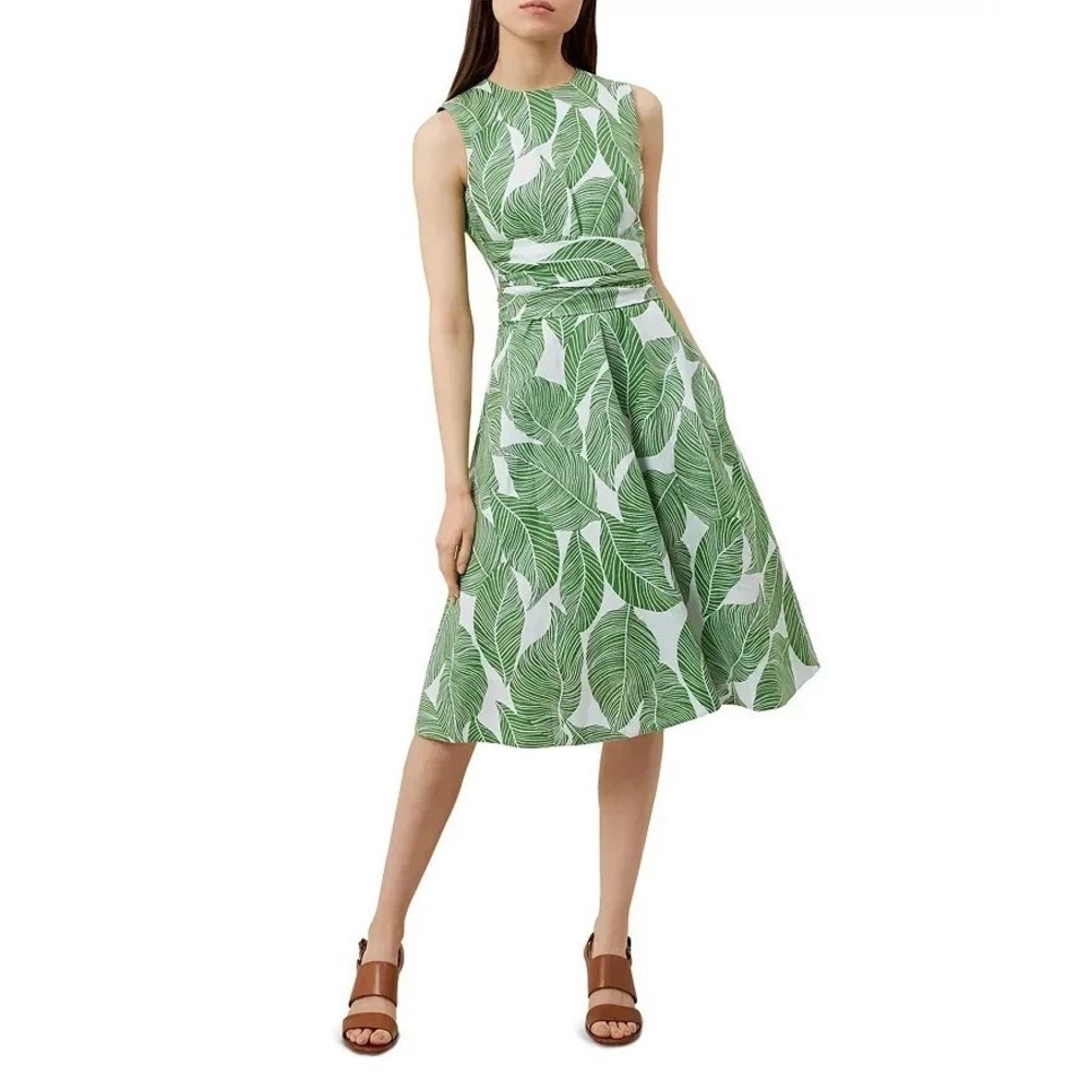 Hobbs London Twitchill Linen Fit And Flare Midi Dress US 6 Leaf Print Resortwear